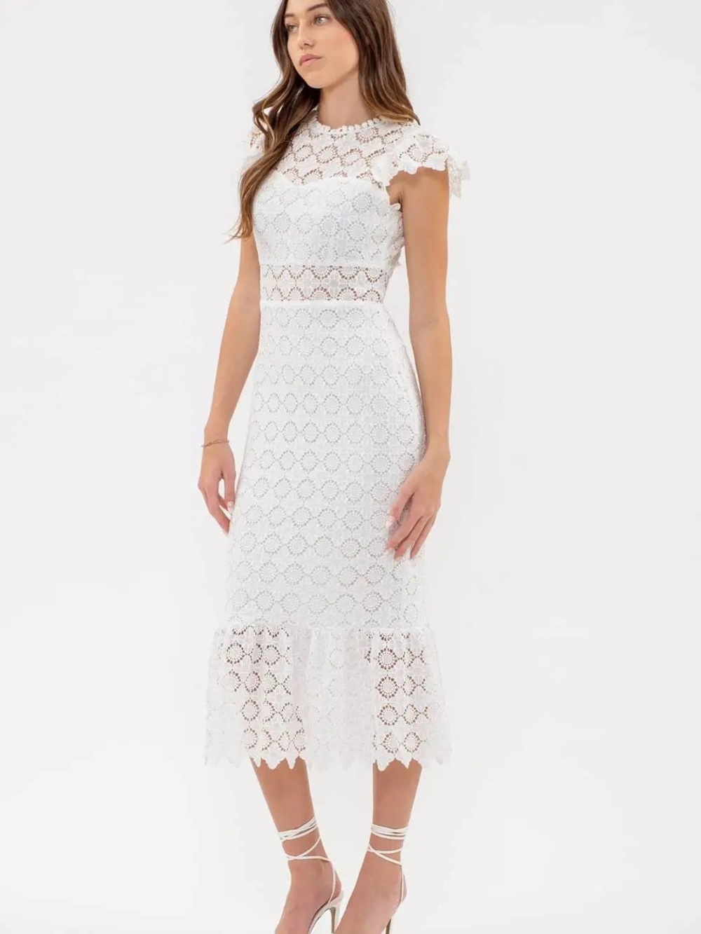 Blu Pepper White Floral Lace Ruffle Hem Midi Dress Size Small